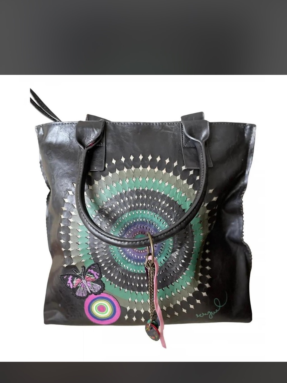 DESIGUAL Black Leather Tote with Green & Purple Mandala Accent